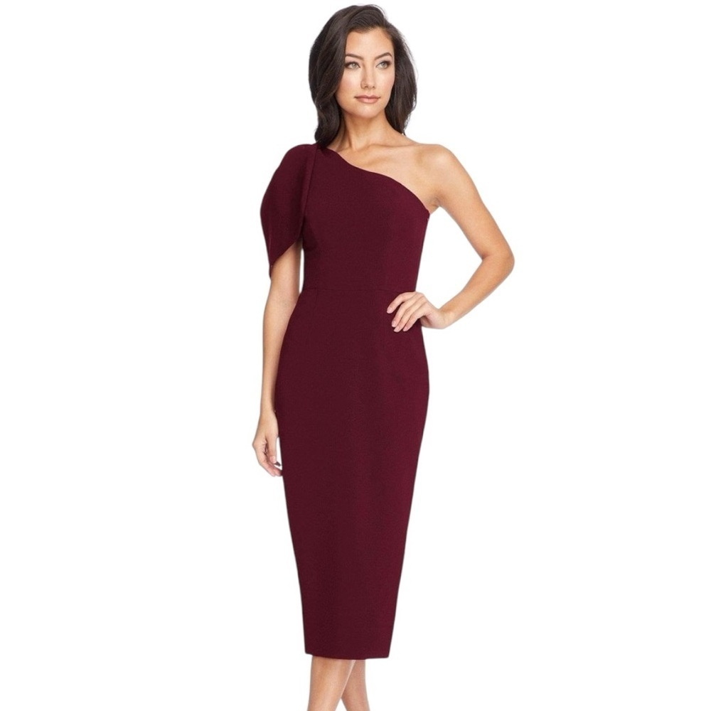 Dress‎ the Population Tiffany One Shoulder Bow Detail Midi Sheath Large Burgundy